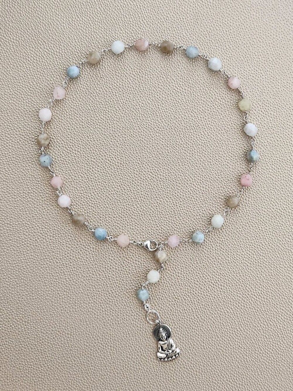 MORGANITE NECKLACE W/ 925 SILVER BUDDHA PENDANT--19"